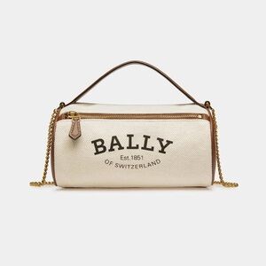NWT Bally Calyn Canvas Leather Barrel Top Handle Crossbody Bag Brown Natural